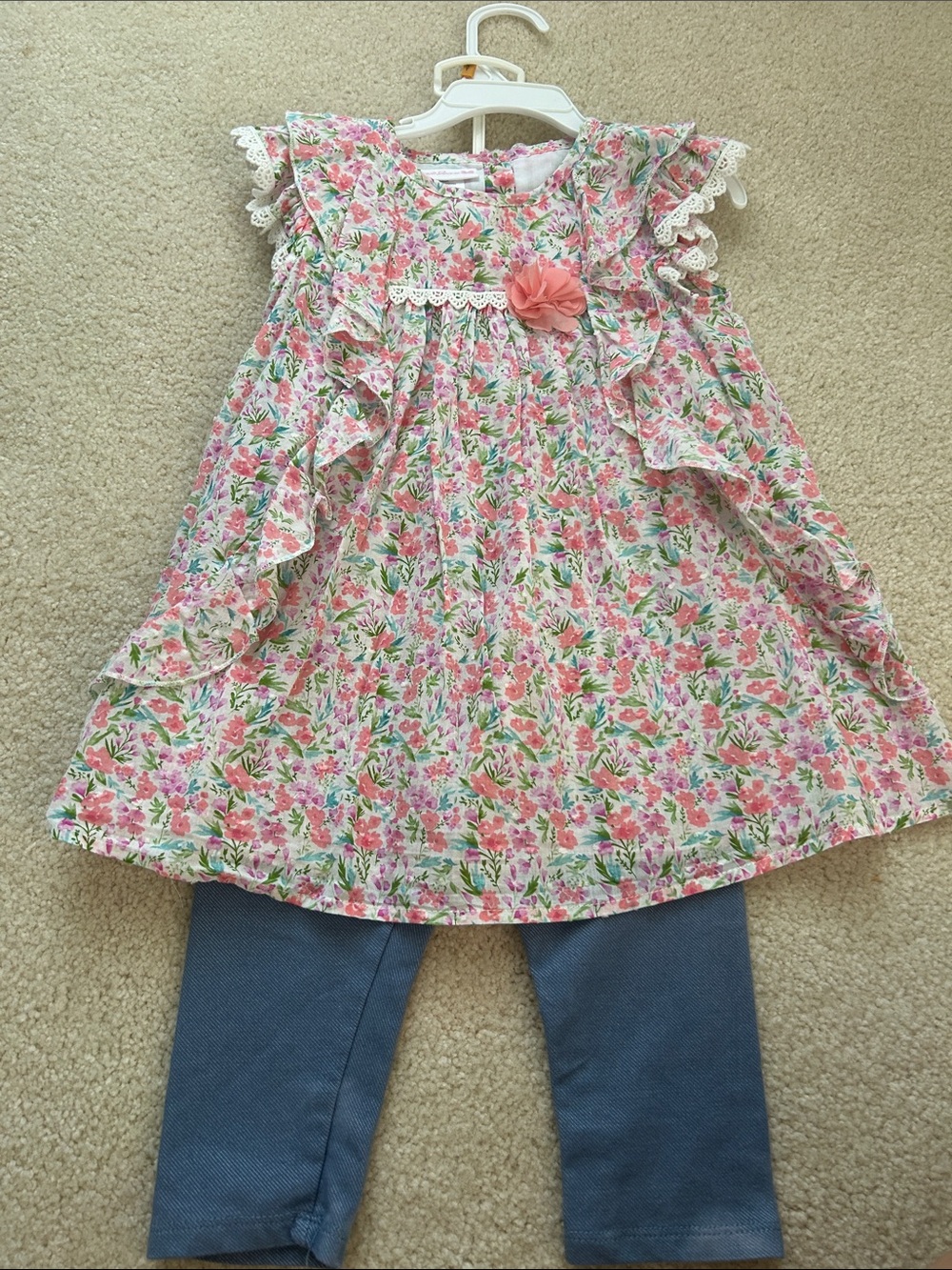 Girl 4t matching outfit set flowers blouse floral lace trim denim chambray capri